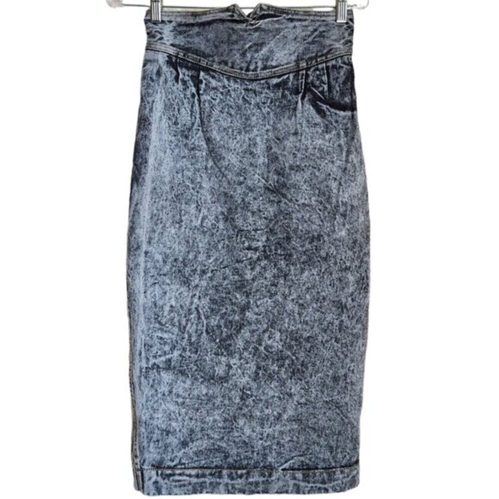 Vtg 80s Acid Wash‎ Jean Denim Maxi Skirt Western W27" Straight Ultra High Waist